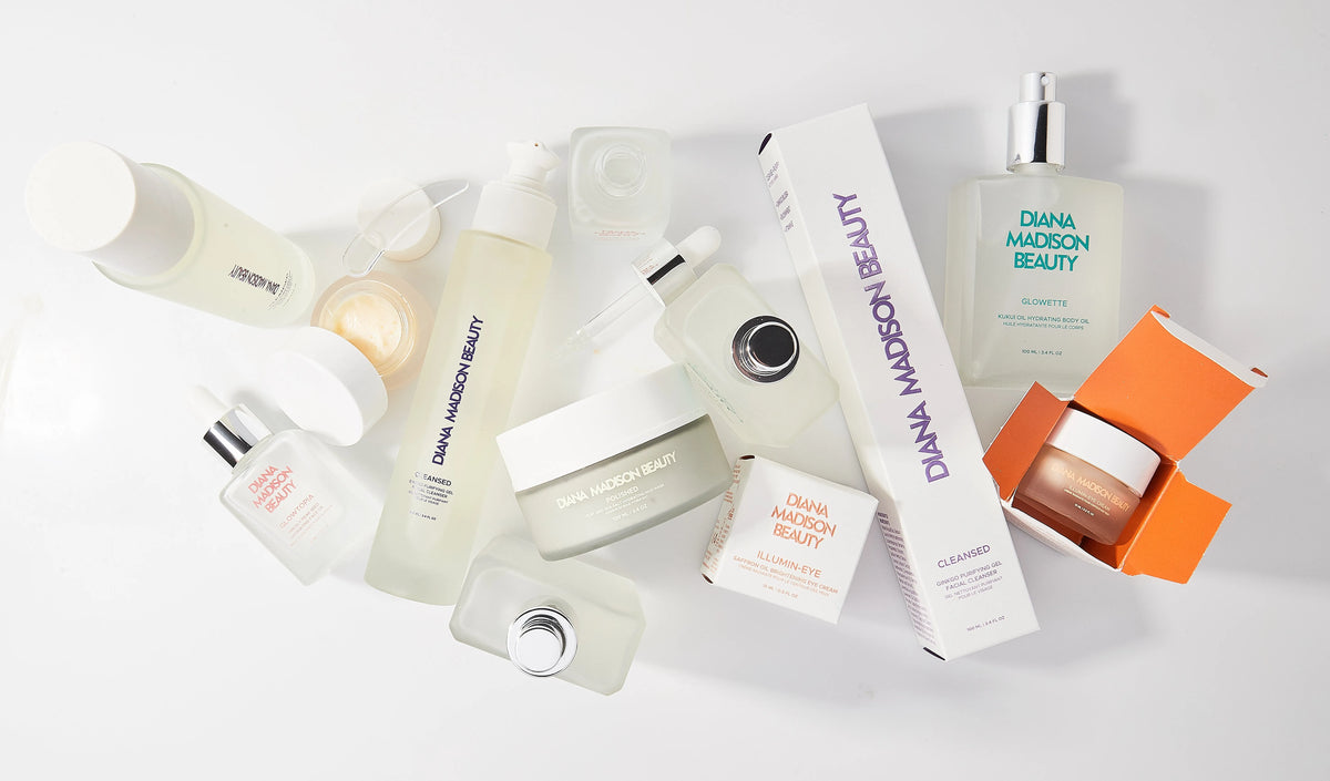 Diana Madison Beauty skincare collection arranged in a flat lay